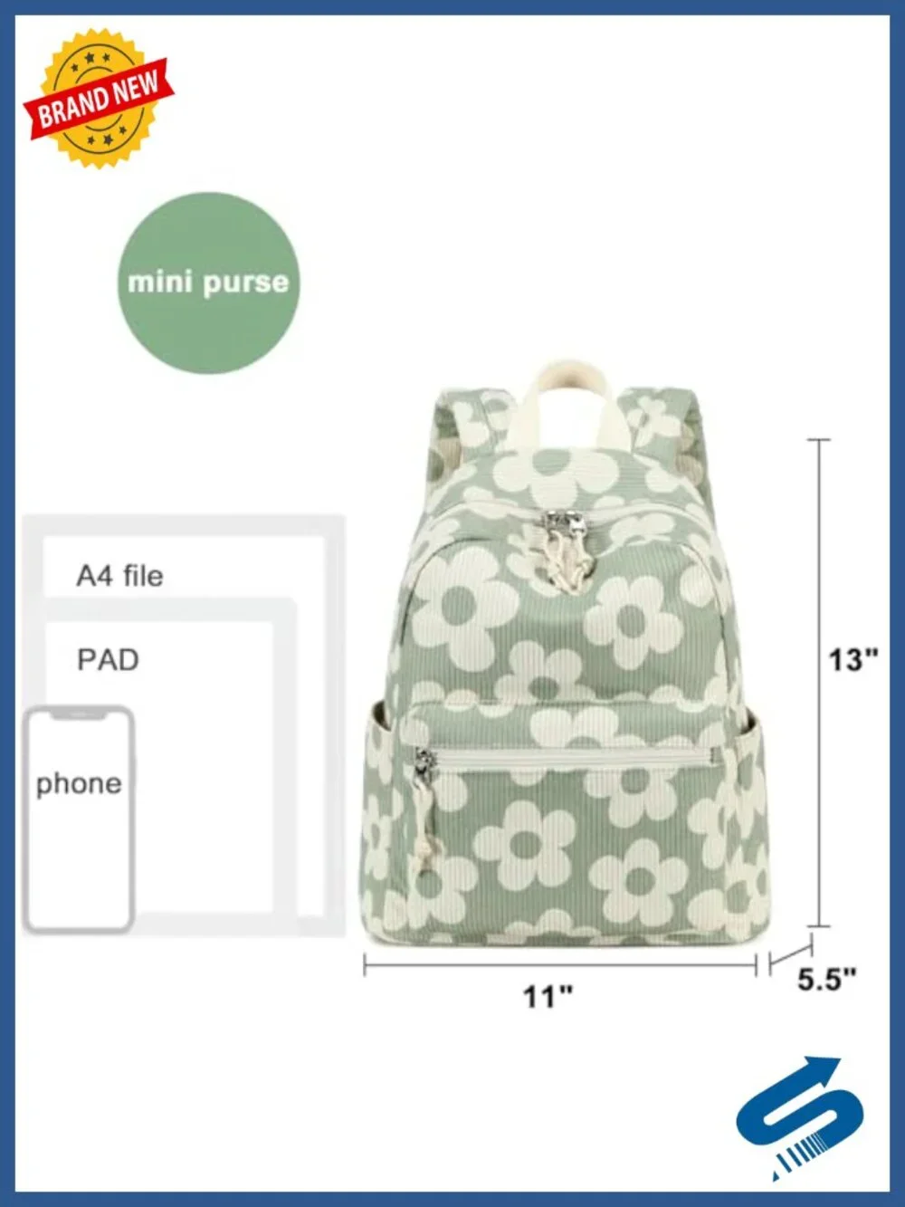 Corduroy Mini Backpack Purse with Floral Pattern - 13